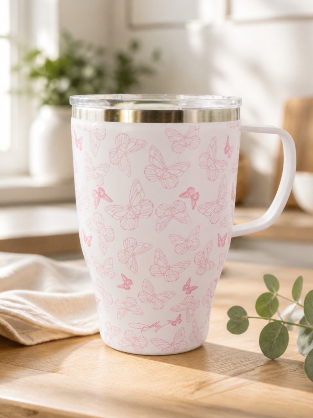 Insulated White Travel Mug with Pink Butterfly Print